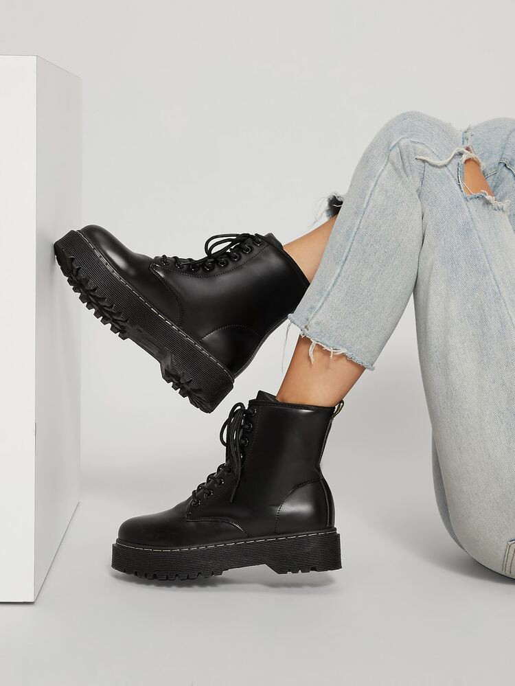 Faux Leather Lace-Up Platform Ankle Boots | SHEIN