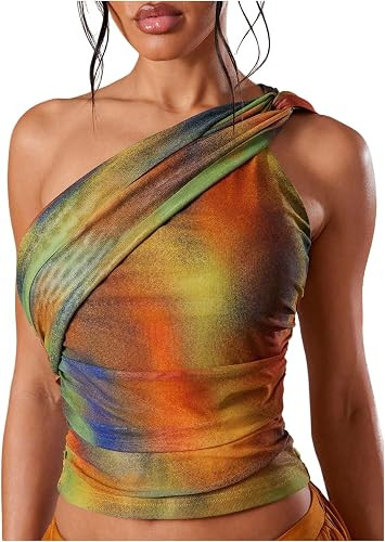 OYOANGLE Women's Tie Dye One Shoulder Crop Top Ruched Rave Going Out Tops | Amazon (US)