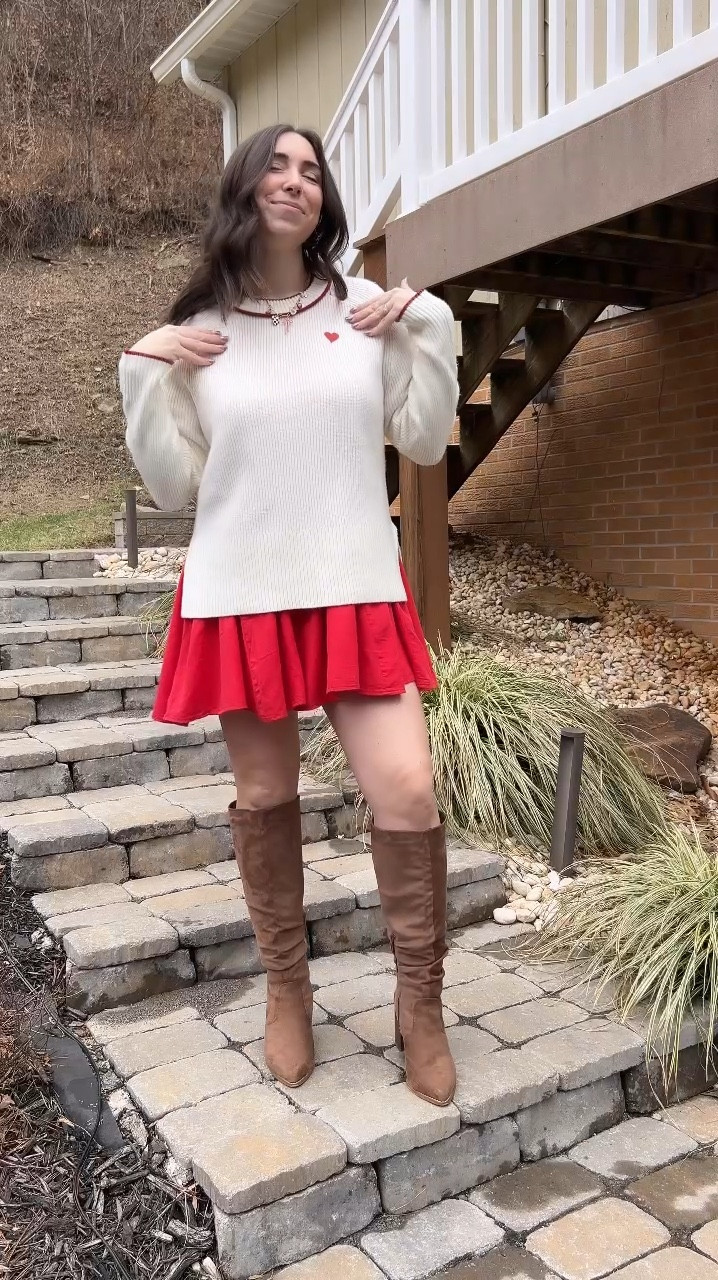 Valentine’s Day date outfit, fun cute and comfy! ❤️

Red dress, heart sweater, and knee-high boots with heels for VDay 🌹

#LTKFindsUnder50 #LTKStyleTip #LTKMostLoved