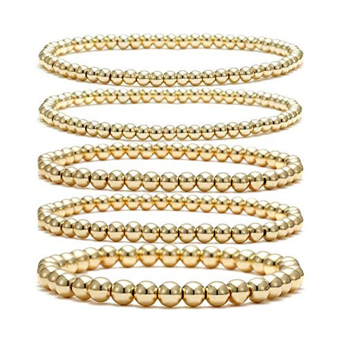 GLBCC Gold Beaded Bracelet Set for Women Stack 14 K real Gold Plated Ball Bracelets Elastic String Bracelet 4 mm 5 mm 6mm Small Beads Friendship Bracelet for Men (gold) | Amazon (US)