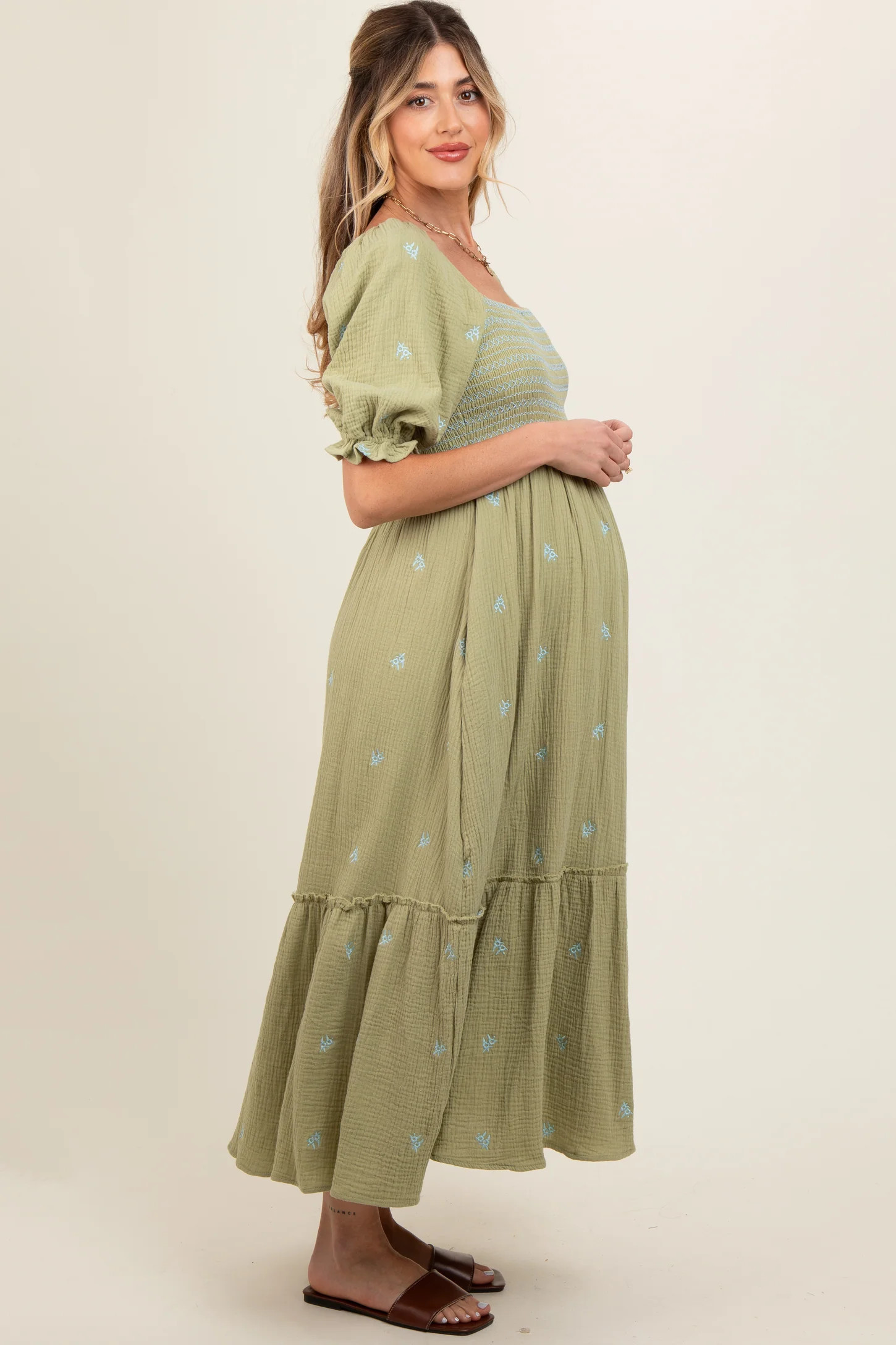 Light Olive Gauze Smocked Embroidered Square Neck Maternity Midi Dress | PinkBlush Maternity