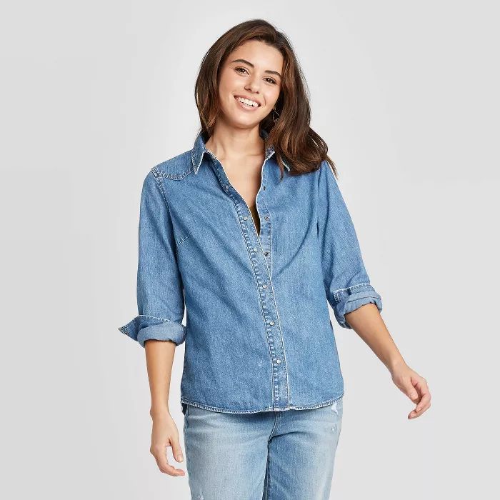 Women's Long Sleeve Crewneck Button-Down Western Denim Shirt - Universal Thread™ Medium Wash | Target