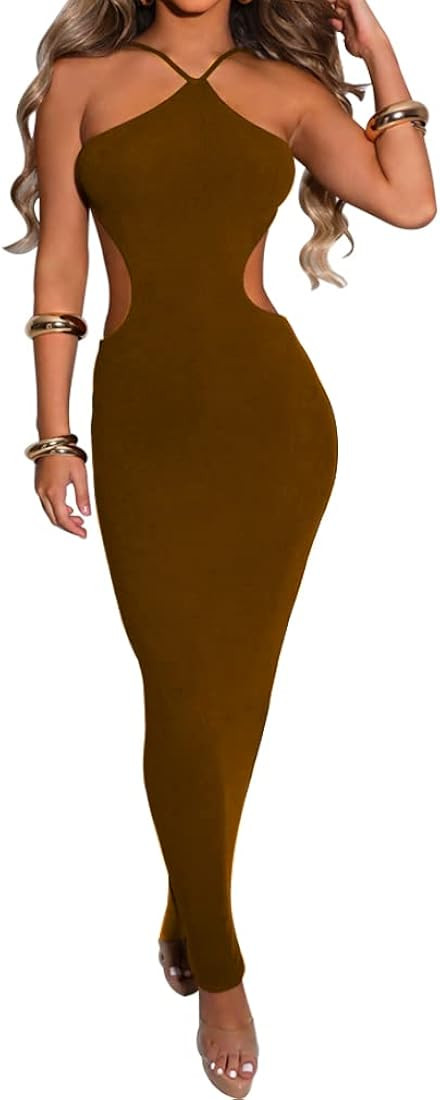 LuFeng Women's Sexy Sleeveless Strappy Back Tether Cutout Long Dress Backless Bodycon Club Party ... | Amazon (US)