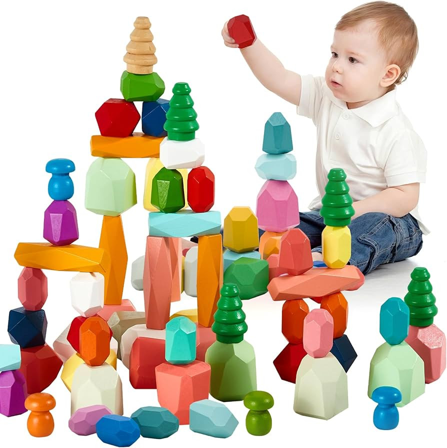 58PCS Montessori Wooden Stacking Rocks Toys Colorful Stacking Stones Building Blocks Games Sensor... | Amazon (US)