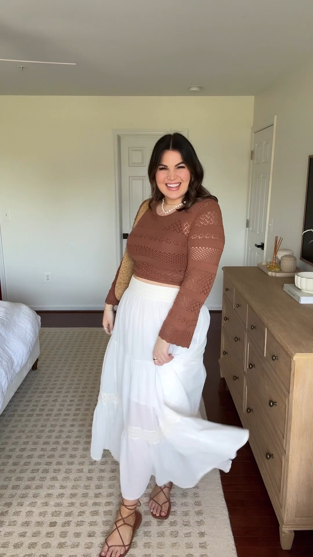 Midsize summer outfit idea from aerie! Been wearing this skirt nonstop this spring + summer! So when I saw the aerie model pair it with this crochet top, I knew I had to give it a try + I love! This top is a true wrap top that is reversible! It is completely sheer so I paired mine with a brown bra but it would also be so cute to throw over a swimsuit 👙

Bralette - xl (same bralette just in brown) 
Anti chafing shorts - M/L 
Top - large 
Skirt - large 
Sandals - 10 *these are from Abercrombie last summer but added a similar pair I love from Amazon 
Bag - linked the larger version of this bag but I have the smaller size  

Summer outfit, summer style, summer fashion, aerie, aerie outfit, aerie fashion, midsize, midsize outfit, midsize style 

#LTKSeasonal #LTKStyleTip #LTKMidsize