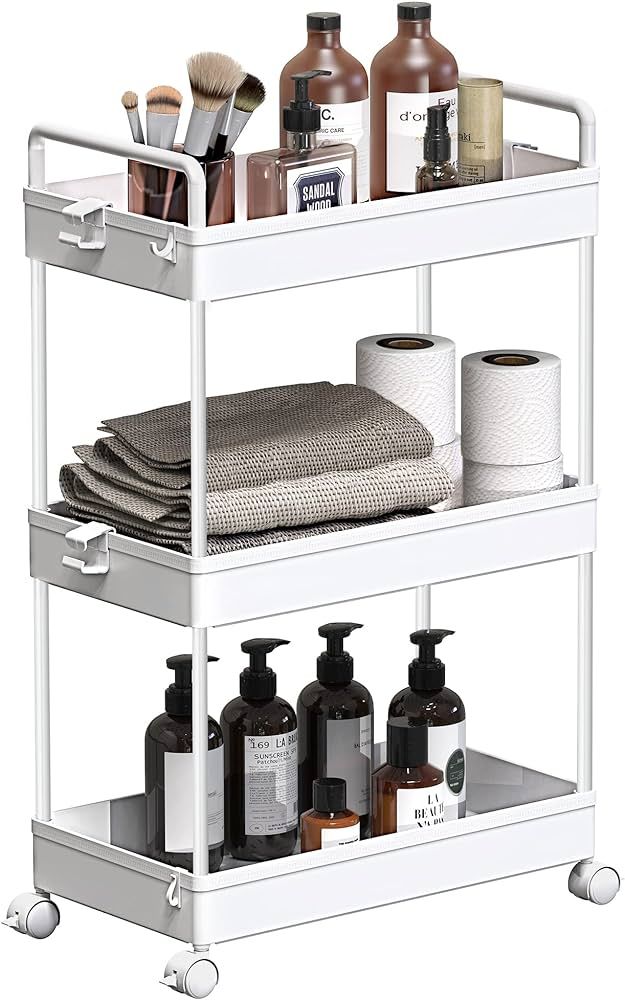 SOLEJAZZ Rolling Storage Cart, 3 Tier Utility Cart Mobile Slide Out Organizer, Bathroom Standing ... | Amazon (US)