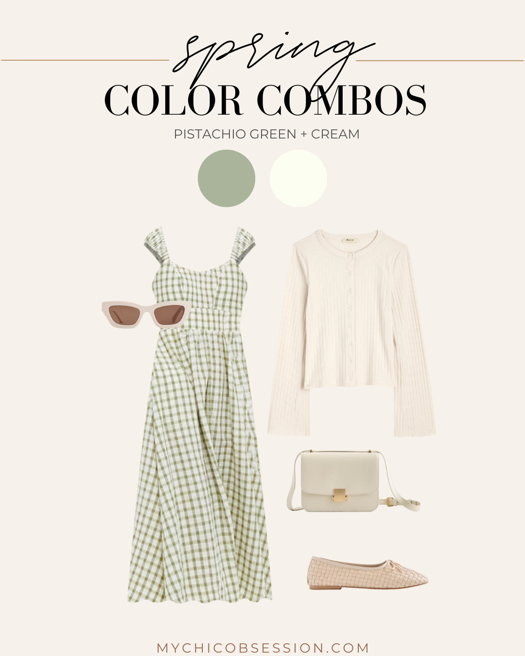 Style a pistachio green dress with a cream cardigan for a chic spring color combo. Accessorize with a classic box-style crossbody bag from Quince. A woven pair of flats and cream sunglasses complete the look. 

 #LTKSeasonal #LTKStyleTip #LTKShoeCrush