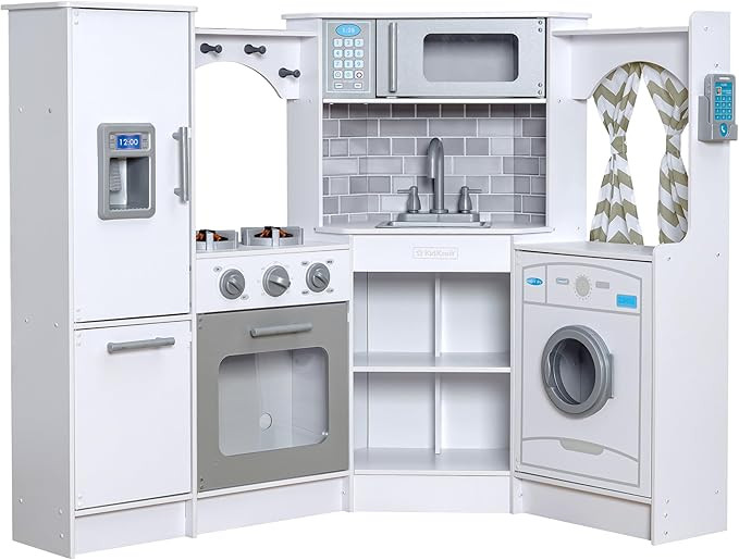 KidKraft Ultimate Corner Wooden Play Kitchen with Lights & Sounds, Play Phone and Curtains, White | Amazon (US)