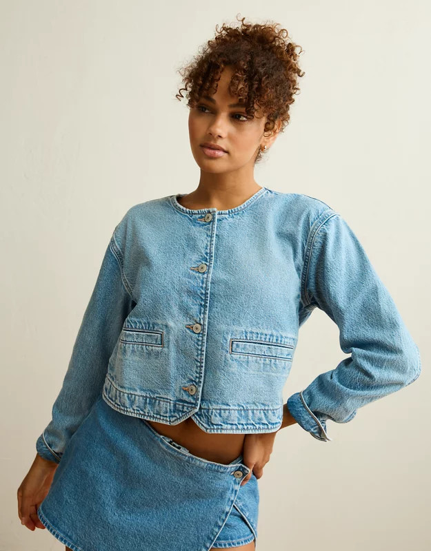 AE Collarless Denim Jacket | American Eagle Outfitters (US & CA)