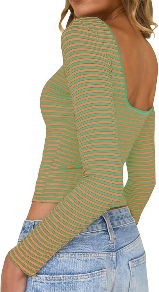 Womens Summer Short/Long Sleeve Tops Sexy Backless Striped Shirts Going Out T-Shirt Y2K Crop Blou... | Amazon (CA)