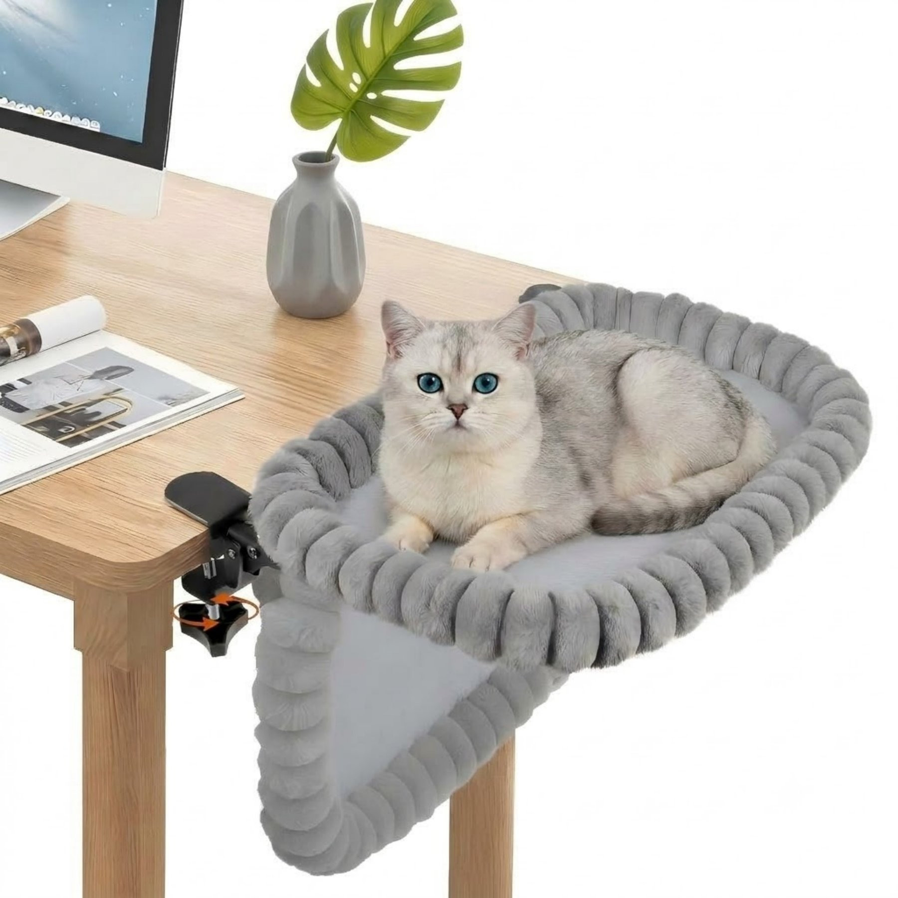HOMAGICO Rabbit Faux Fur Clamp-On Hammock Cat Desk Bed, Gray | Chewy