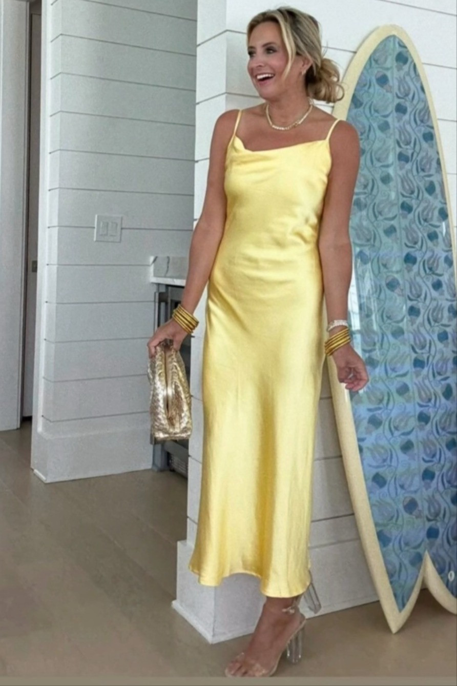 Wedding guest dress shopping made easy 💛 This yellow satin maxi dress is such a beautiful option for a summer wedding, destination wedding, rehearsal dinner, or formal vacation dinner. 

 #LTKSeasonal #LTKBeauty #LTKWedding
