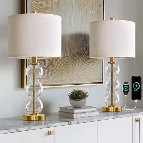 Oneach 25" Glass Table Lamps Set of 2, Gold Modern Table Lamps with USB Ports for Living Room, Li... | Amazon (US)