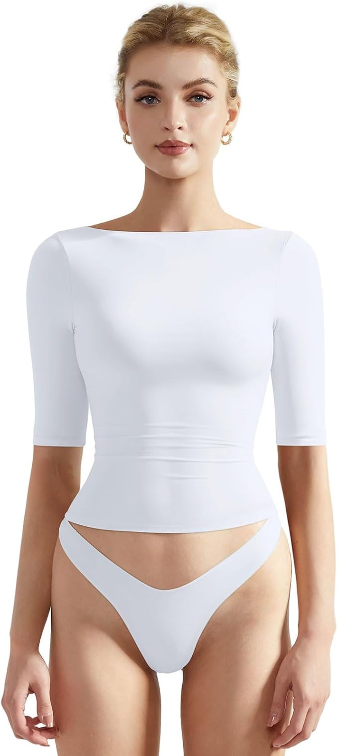 SUUKSESS Women Half Sleeve Boat Neck Tops Double Lined Tight Fitted Shirts | Amazon (US)