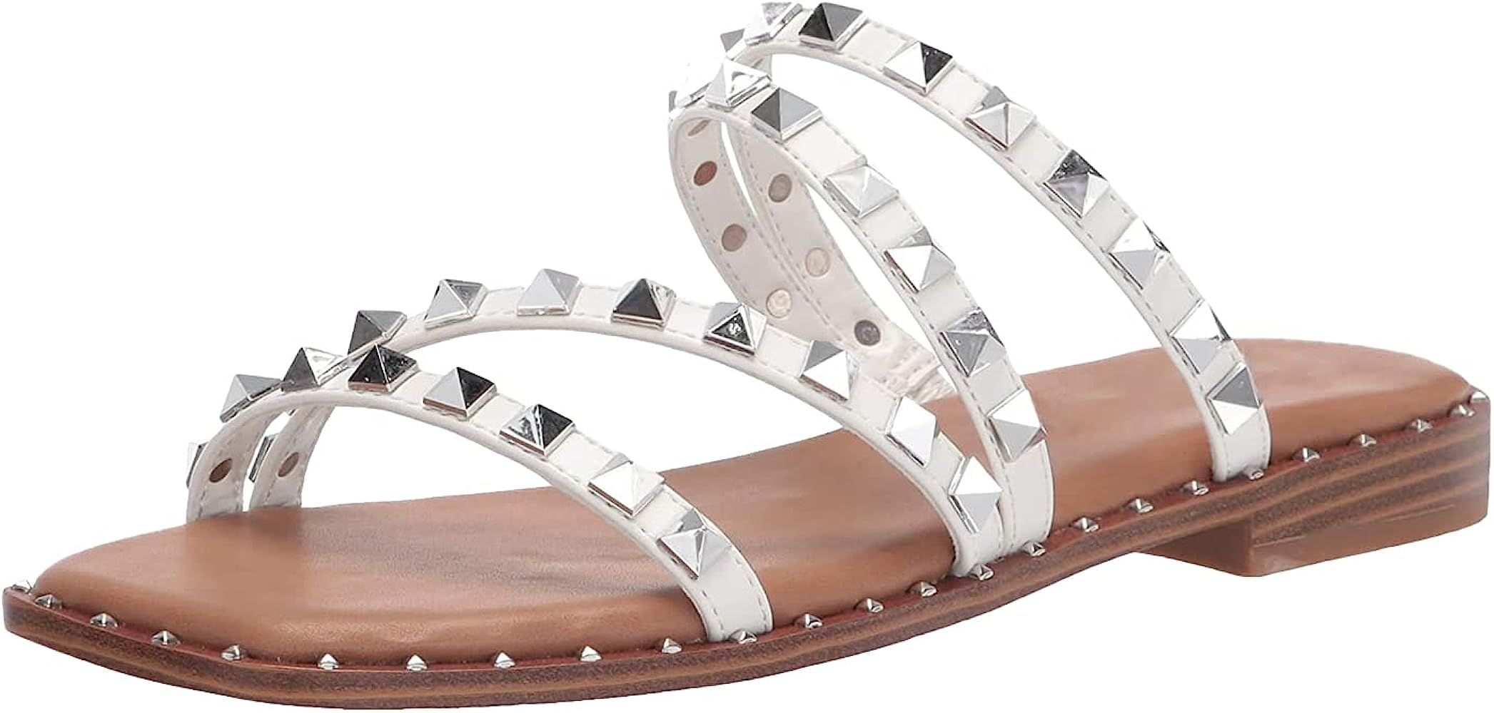 Phopix Womens Studded Slides Sandals Strappy Square Open Toe Rhinestones Flat Sandal | Amazon (US)