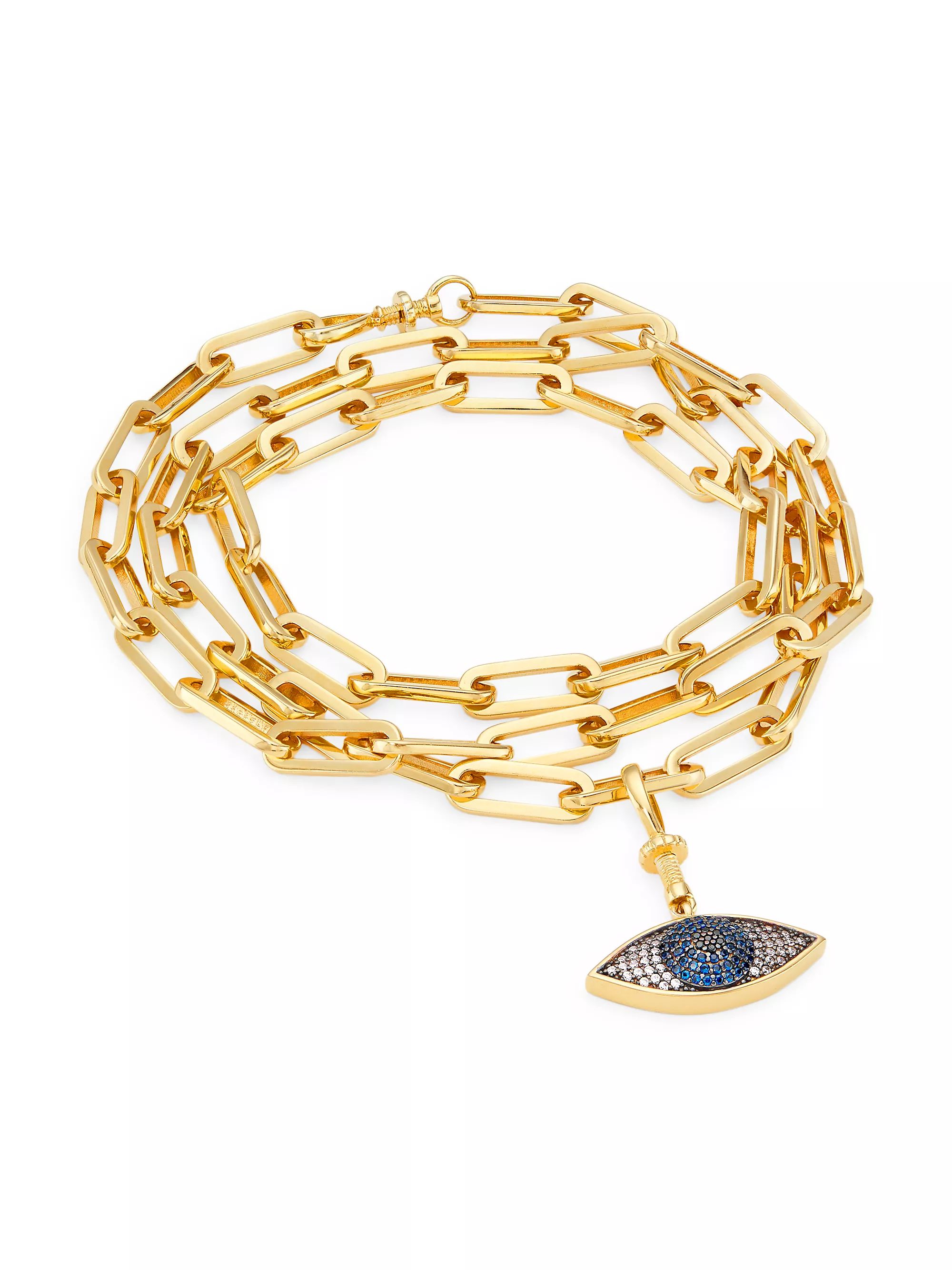 24K-Gold-Plated, Cubic Zirconia, & Blue Root Sapphire Evil Eye Charm Bracelet | Saks Fifth Avenue