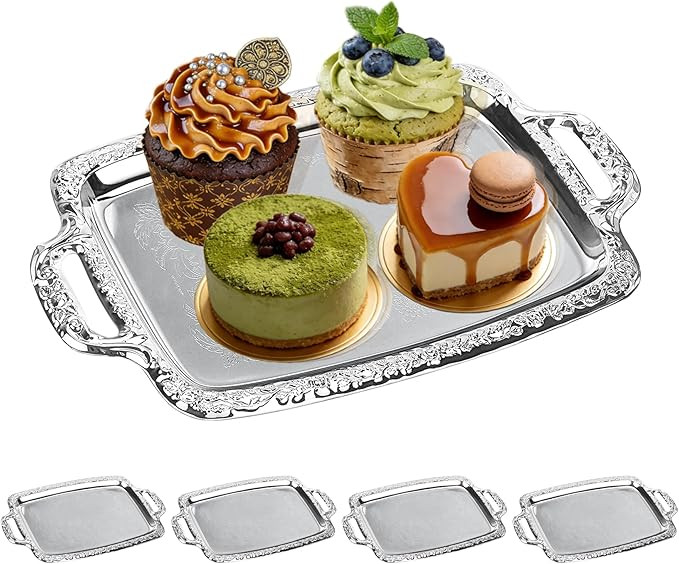 4-Pack Silver Serving Tray - Stainless Steel Platter with Handles Mirror Finish Silver Plates for... | Amazon (US)