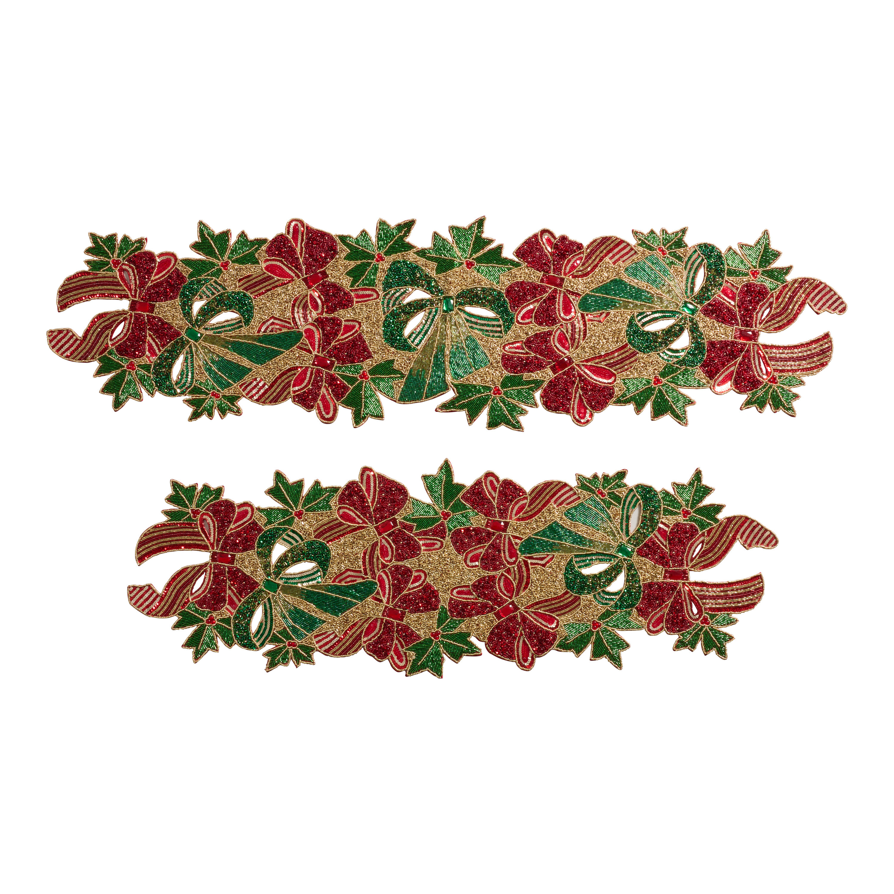 Red and Green Bow and Holly Beaded Table Runner | World Market