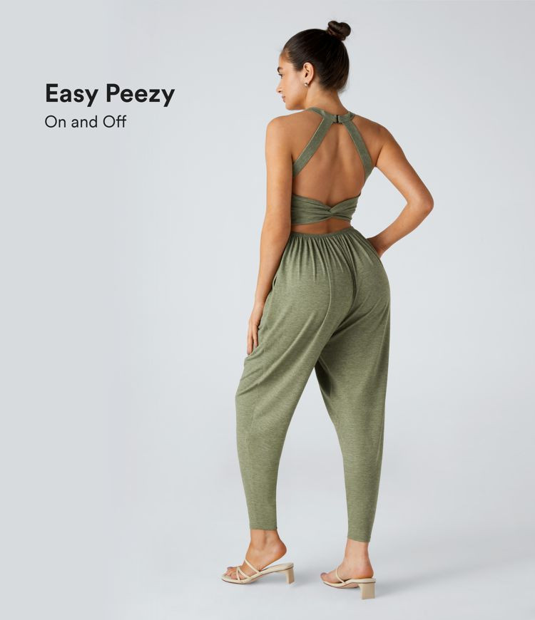 Women’s Backless Twisted U Neck Side Pocket Harem Casual Jumpsuit-Easy Peezy - Halara | HALARA