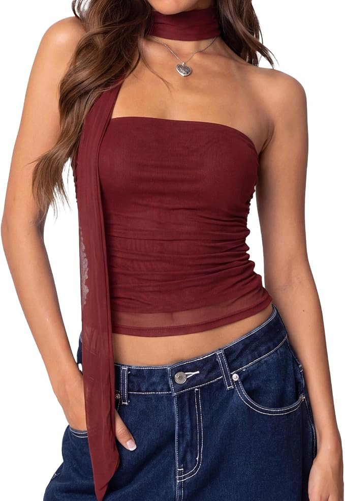SUUKSESS Women Mesh Tube Top Y2k Sleeveless Bandeau Tank Tops with Scarf 2026 | Amazon (US)