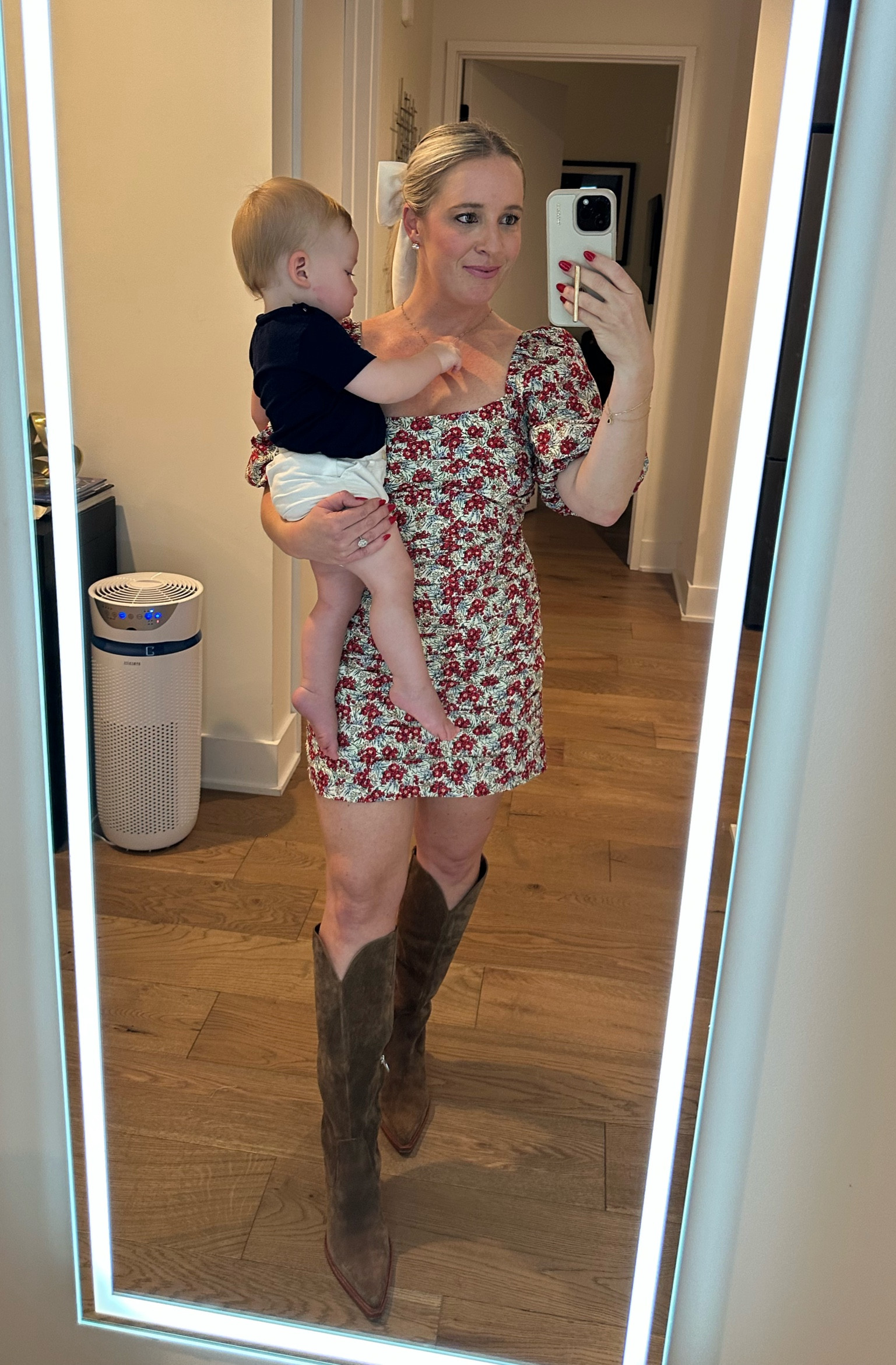 Fall date night outfit inspo. 

best brown boots, perfect shade & so comfy! I sized up a 1/2 size. knee high brown boots, cowboy boots 

mini dress has the prettiest fall floral print with a crisscross open back + on sale! I’m in my tts

#LTKstyletip #LTKshoecrush #LTKsalealert