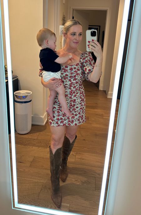 Fall date night outfit inspo. 

best brown boots, perfect shade & so comfy! I sized up a 1/2 size. knee high brown boots, cowboy boots 

mini dress has the prettiest fall floral print with a crisscross open back + on sale! I’m in my tts

#LTKstyletip #LTKshoecrush #LTKsalealert