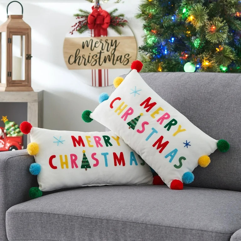 Holiday Time Merry Christmas Lumbar Decorative Pillows, 9x16inch, 2 Count Per Pack - Walmart.com | Walmart (US)