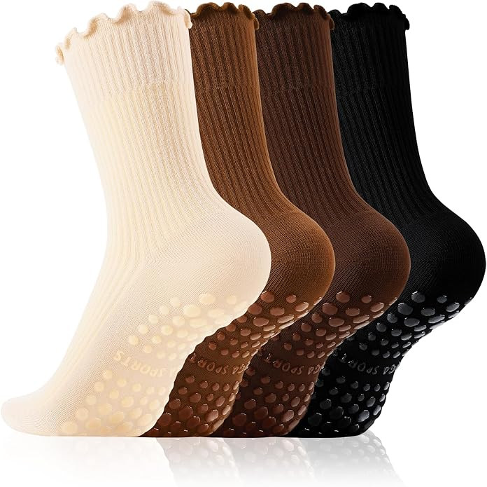 Pilates Socks for Women with Grips Non Slip Yoga Ruffle Crew Socks for Barre Hospital Gym Athleti... | Amazon (US)