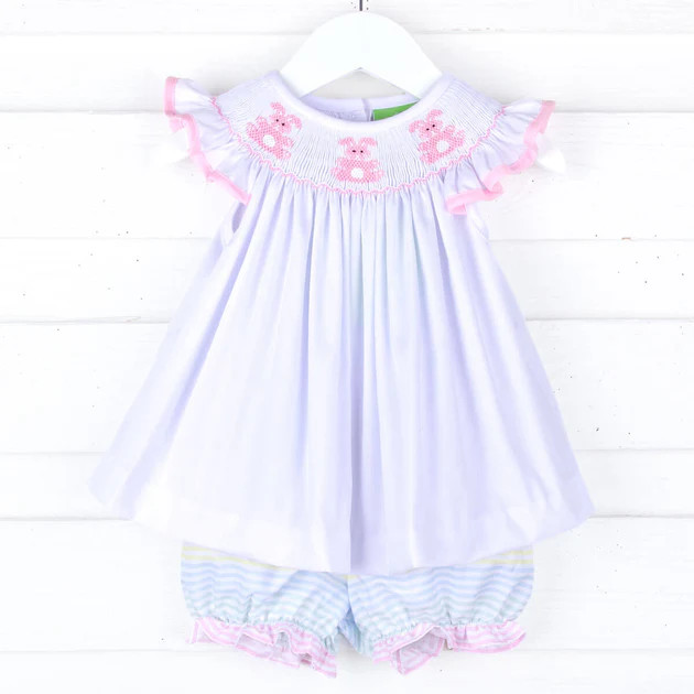 Adorable Bunny White Smocked Bloomer Set | Classic Whimsy