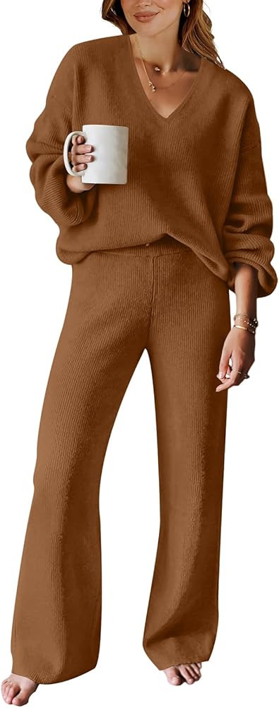 ANRABESS Women 2 Piece Outfits Sweater Lounge Sets Long Sleeve Cable Knit Pullover and Wide Leg P... | Amazon (US)