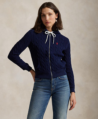 Women's Cable-Knit Cotton Full-Zip Hoodie Sweater | Macy's