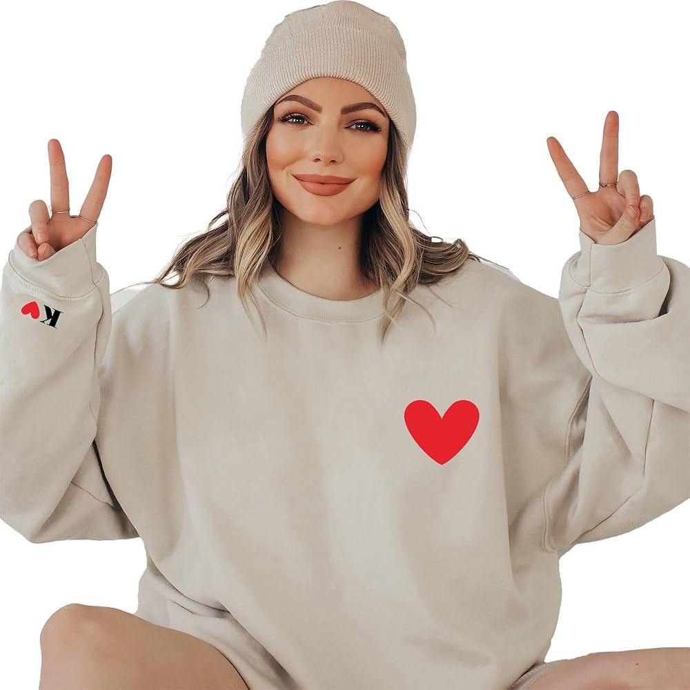 Amazon.com: Valentines Sweatshirts for Women Initial on Sleeve Custom Heart Sweatshirt for Couple... | Amazon (US)