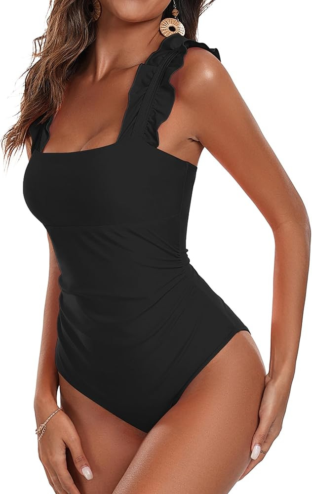 Ekouaer Women's One Piece Swimsuits Square Neck Tummy Control Bathing Suit with Adjustable Ruffle... | Amazon (US)