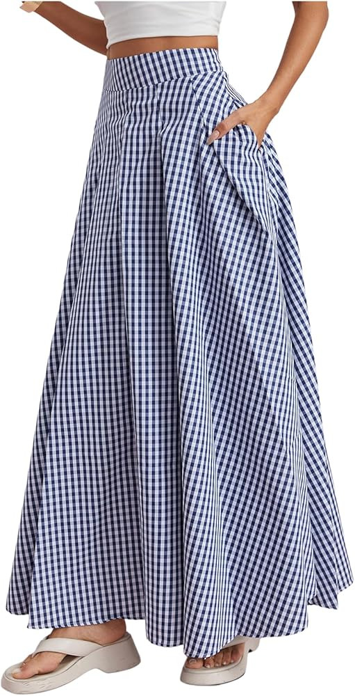 MakeMeChic Women's Gingham Maxi Skirt High Waist Flowy Loose Fit Y2k Long Skirts with Pocket | Amazon (US)