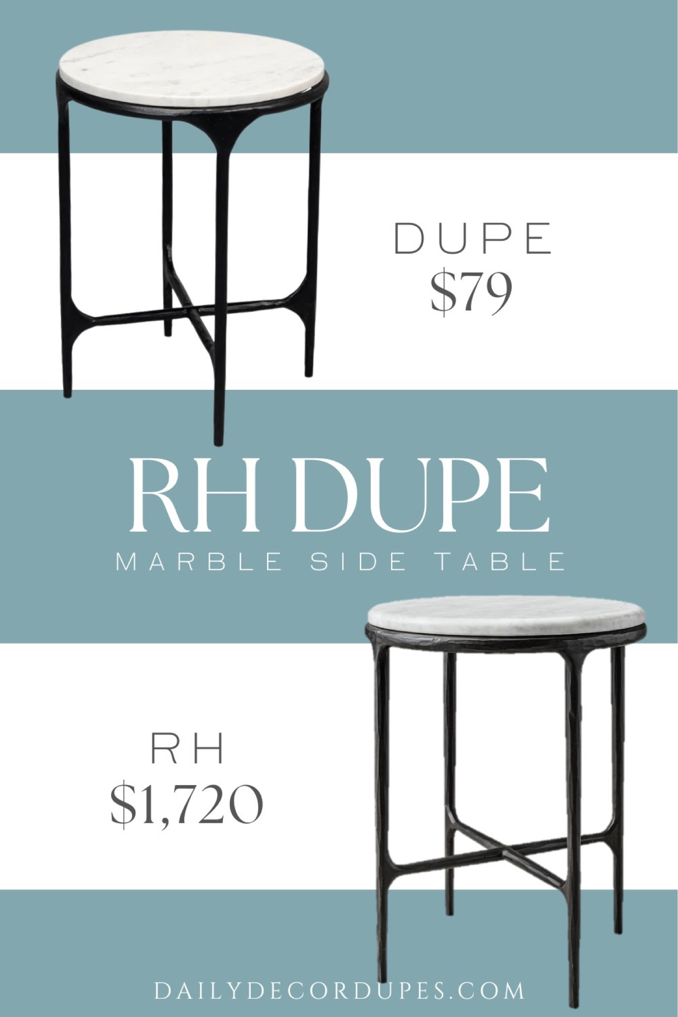 One of my all time favorite dupes are these Restoration Hardware marble Thaddeus side table look-a-likes. I own a pair of these dupe tables and they’re absolutely gorgeous in person and look identical to the RH Thaddeus round marble side table. The look-a-like version is made with a forged metal x-base and has a thick 1″ slab of marble on top. Dupe dupes more affordable option find replica copy cat similar look for less budget friendly affordable cheap cheaper beautiful pretty. Clearance sale coupon code discount code promo code  Inspo inspiration inspired by idea ideas Love dupes like these? I share multiple every day in my FB group “DAILY DECOR DUPES”#LTKunder100 

#LTKhome #LTKstyletip