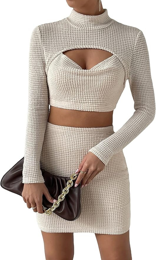 SHENHE Women's Two Piece Outfits Cut Out Long Sleeve Mock Neck Crop T Shirt and Skirt Set | Amazon (US)