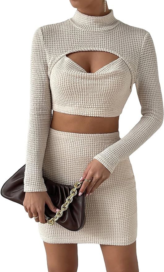SHENHE Women's Two Piece Outfits Cut Out Long Sleeve Mock Neck Crop T Shirt and Skirt Set | Amazon (US)