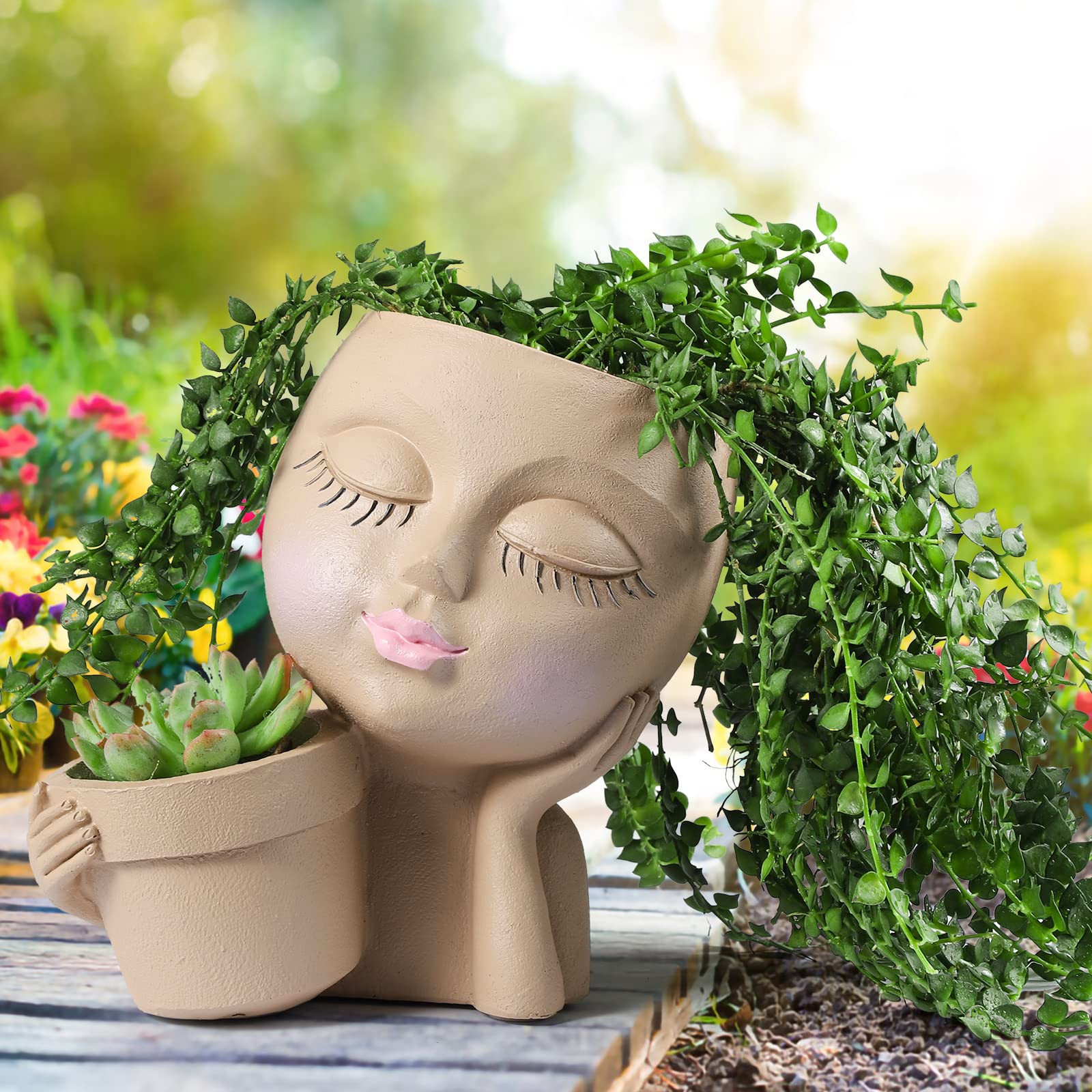Face Planter Pot - Double Flower Pots in One for Indoor Outdoor Plants Resin Head Planter with Dr... | Amazon (US)