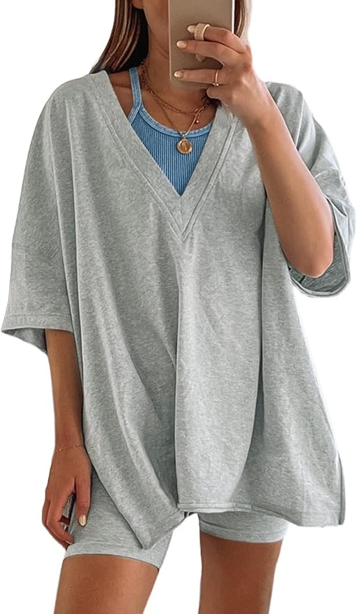 Lianlive 2 Piece Outfits Women Oversized T-Shirts Biker Short Sets Hot Shot Reversible Set | Amazon (US)