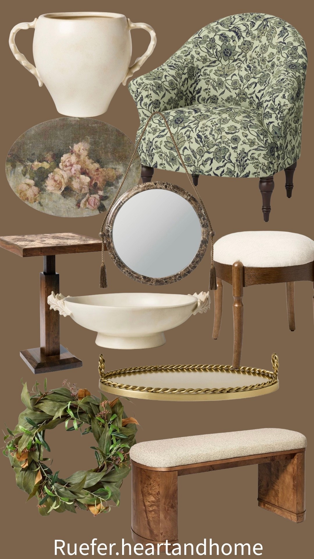 Such versatile pieces. Stool, upholstered accent armchair, mirror, botanical ceramic pedestal bowl and vase, gold metal tray. Marble top table, art