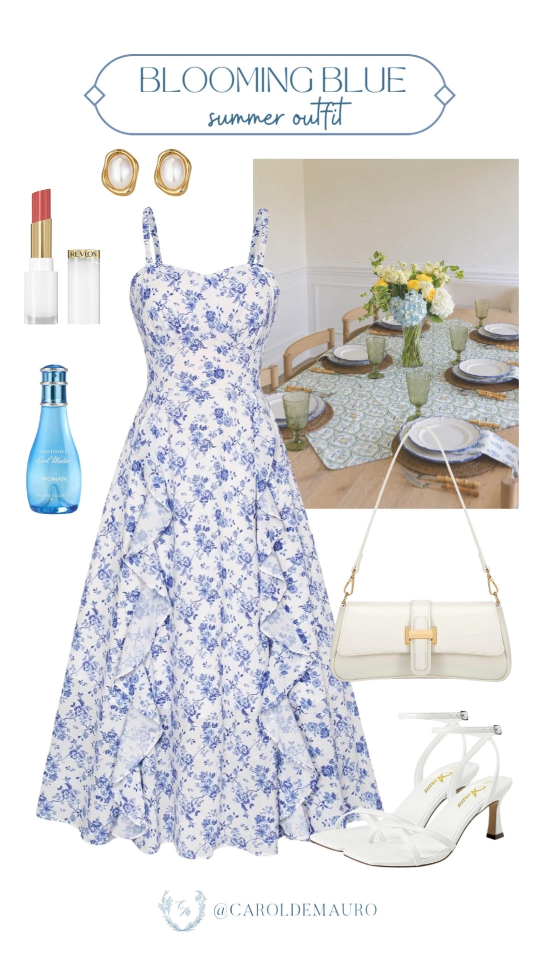 summer outfit, floral blue dress, midi dress, kitten heels, white handbag, favorite perfume, cool water, pearl earrings, petite fashion, brunch outfit, sweetheart neckline dress, white and blue outfit

#LTKootd #LTKPetite #LTKU