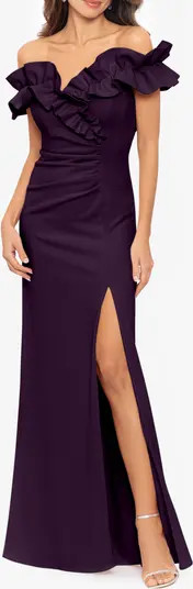 Xscape Evenings Ruffle Off the Shoulder Ruched Gown | Nordstrom | Nordstrom