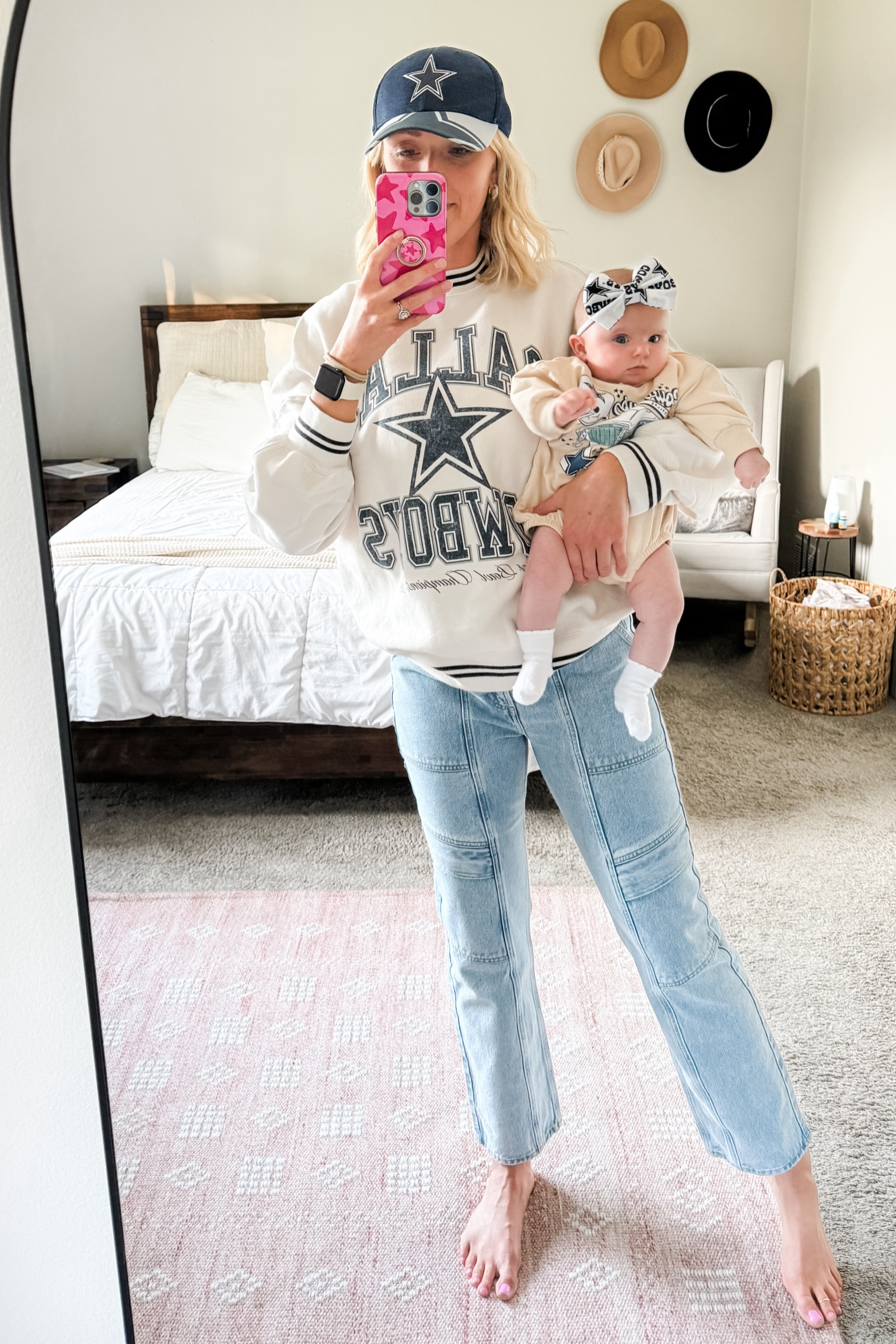 Game day fit in support of our Cowboys. This Abercrombie vintage style sweatshirt is sooo cozy and a little oversized making it the perfect fit for lounging around and watching football all day. Wearing a small in the sweatshirt and a 27 in these cargo AGOLDE jeans which are currently 60% off! 

#LTKSeasonal #LTKFallSale #LTKBaby