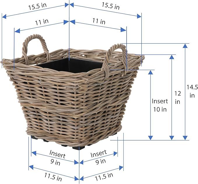 Kouboo Square Rattan Planter Basket with Handles - 6.25 Gallon Capacity Plastic Pot Liner with Dr... | Amazon (US)
