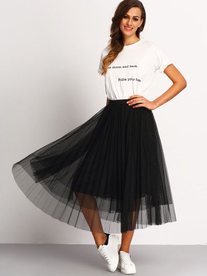 Pleated Elastic Waist Tulle Skirt | SHEIN