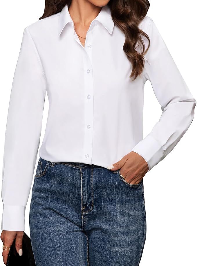 Women's Button Down Shirts Classic Fit Dress Shirt Work Business Casual Long Sleeve Blouse Tops | Amazon (US)