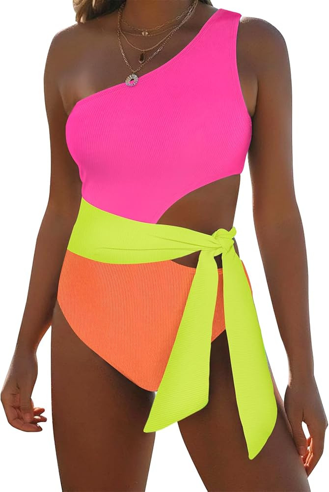 One Piece Bathing Suit for Women One Shoulder Cut Out Swimsuit Ribbed Color Block Monokini Tie Si... | Amazon (US)