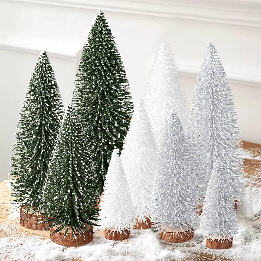 9Pcs Mini Bottle Brush Christmas Trees in 4 Sizes - Green, Silver, White Table Decorations | Amazon (US)