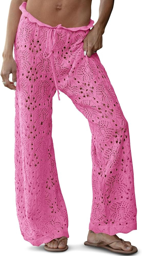 Saodimallsu Womens Crochet Swimsuit Coverup Pants High Waisted Drawstring Sexy Sheer Mesh Knit Wi... | Amazon (US)