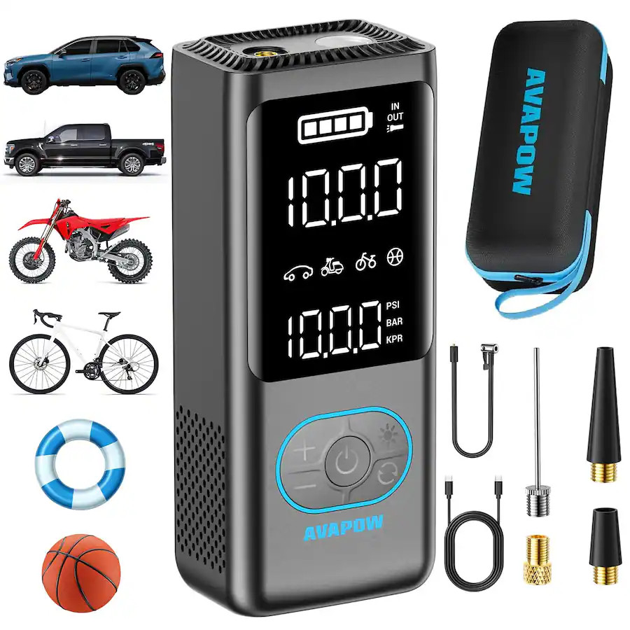 AVAPOW - Tire Inflator Portable Air Compressor, 150 PSI Cordless Car/Motorcycle/Bike Pump with Ga... | Best Buy U.S.